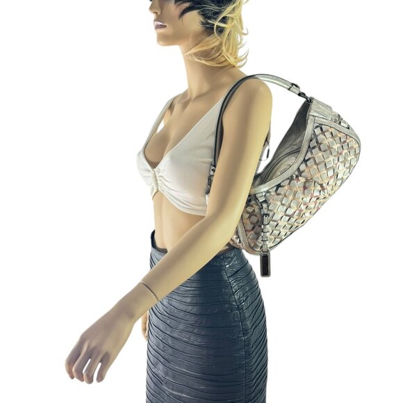 BURBERRY Silver Woven Leather and Nova Check Canvas Shoulder Bag Made in Italy - Picture 13 of 13